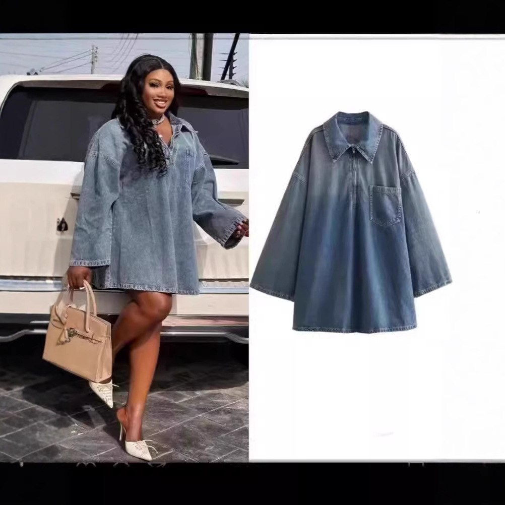 New Fashion Women's Simple And Stylish Versatile Turn-down Designer Dress Collar Loose Denim Dress