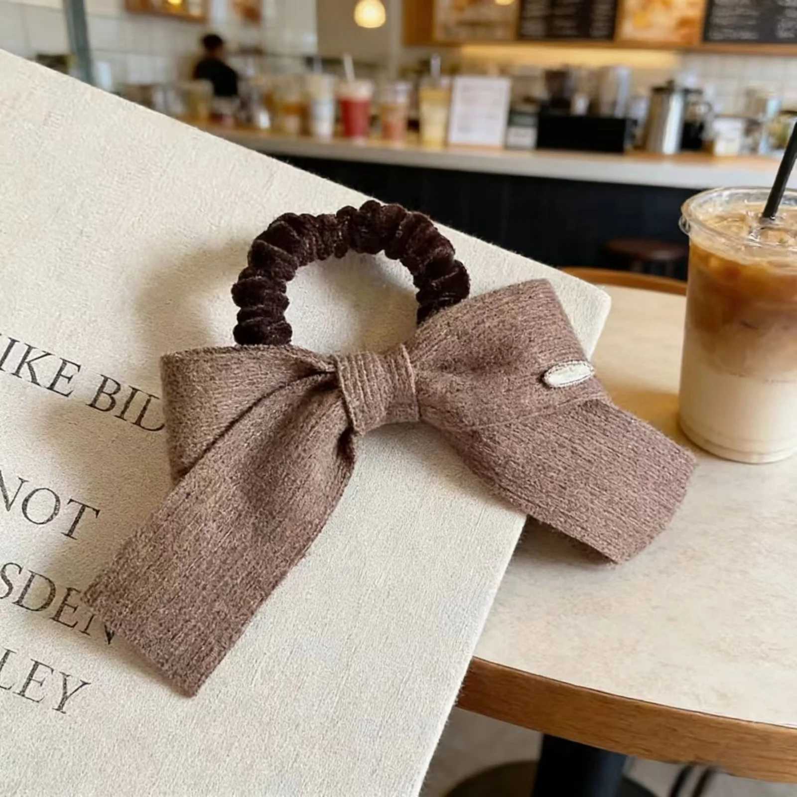 1PC Neutral Knit Bow Scrunchies BeigeBrown Gray Ribbed Hair Ties With Metal Label Minimalist Ins-Style Hair Accessories H260324