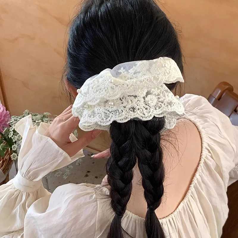 Sweet Solid Lace Pearl large Intestine Scrunchie For Women Girls Elegant Hair Tie Elastic Hair Band Rubber Band Hair Accessories H260324