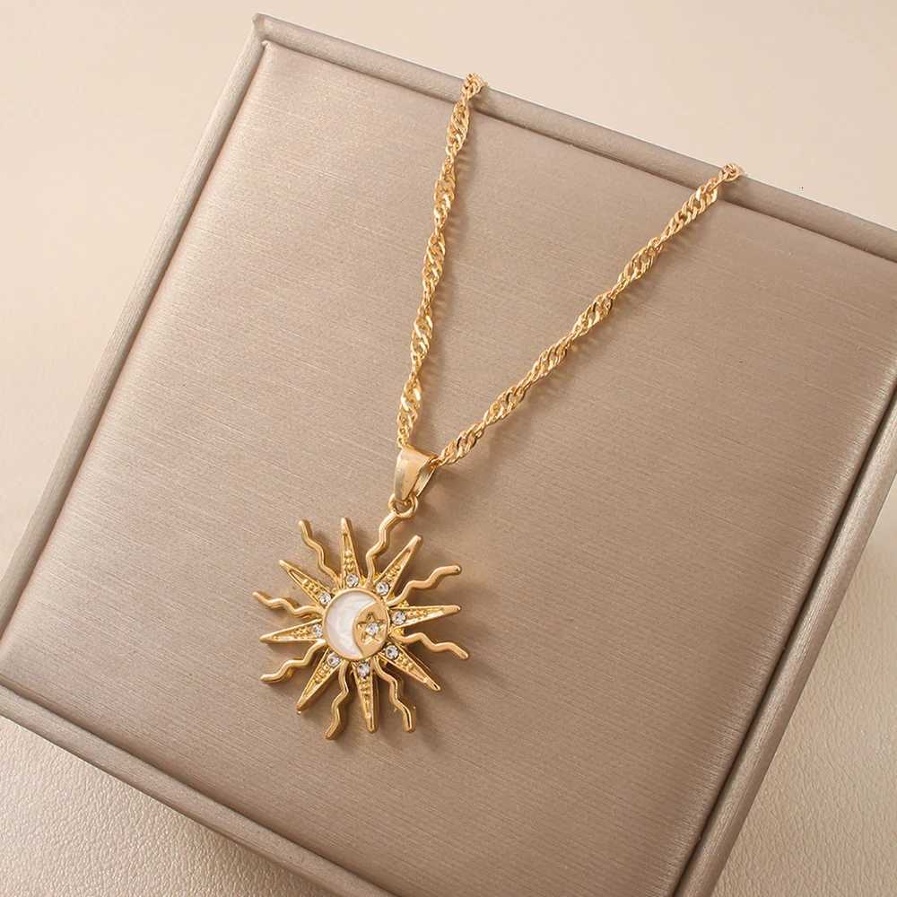 Fashion Metal Sun Moon Pendant Necklaces for Women Gold Color Elegant Zircon Geometric Star Choker Necklace Vintage Jewelry H260324 - view 3
