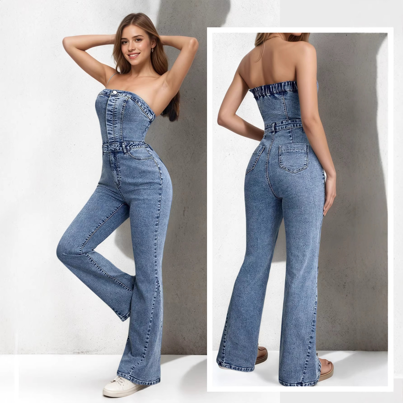 Summer Womens Denim Sleeveless Jumpsuit Decoration Stretch Slimming Waist Romper Streetwear Trendy Outfit 250523