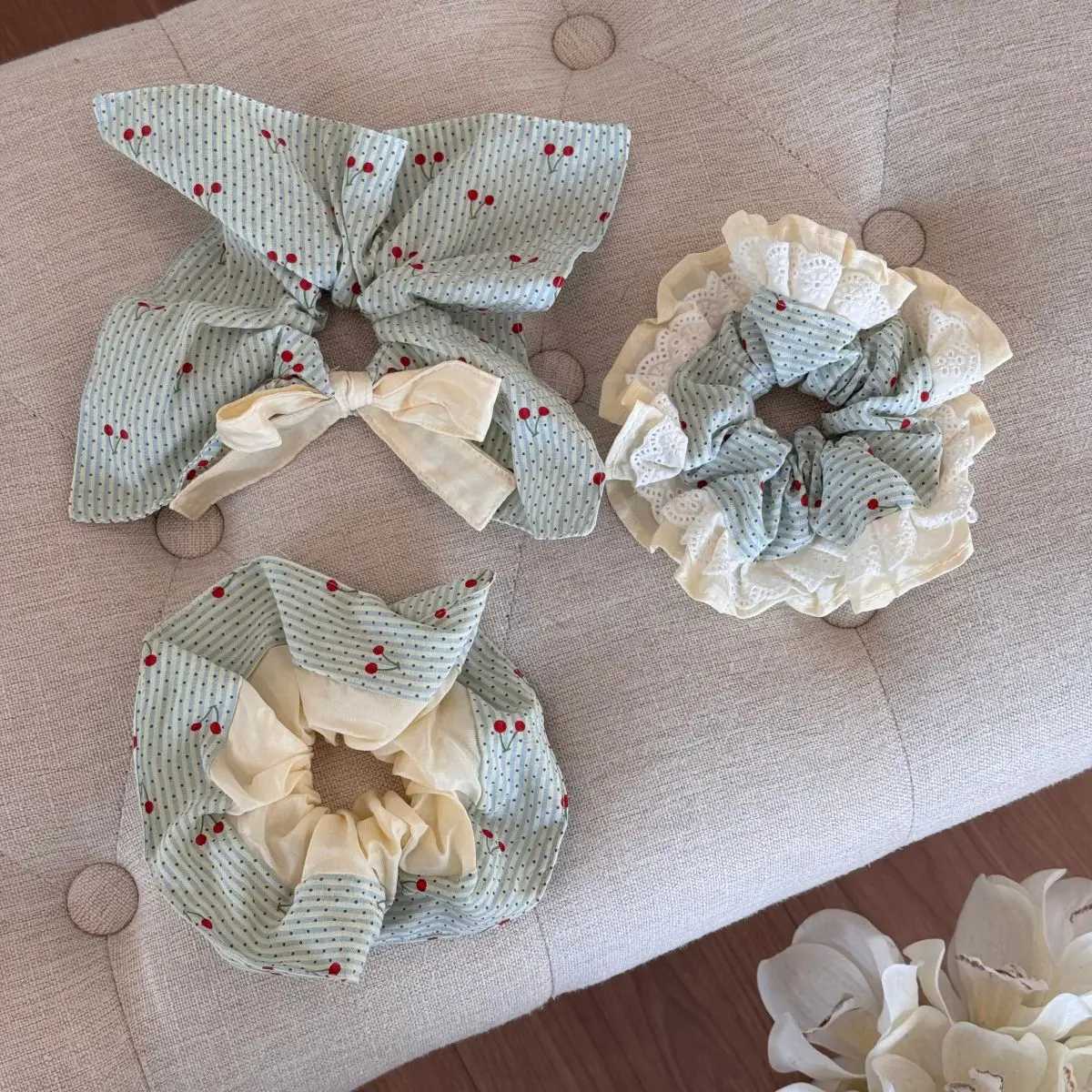 Spring Lace Hair Scrunchies Sweet Cherry Print Hair Ties For Women Forest Style Polka Dot Cotton Head Bands Ponytail Accessories H260324