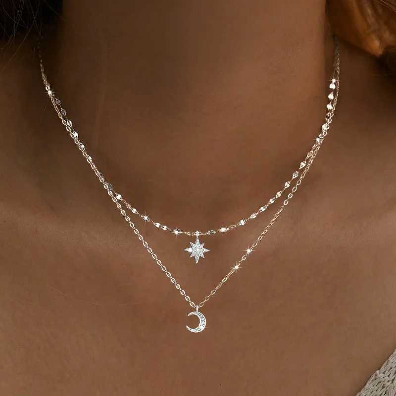 Necklace for Women Double Layer Zircon star Moon Pendant Necklace DelicateChain Charm Elegant Fashion Jewelry Gifts H260324 - view 5