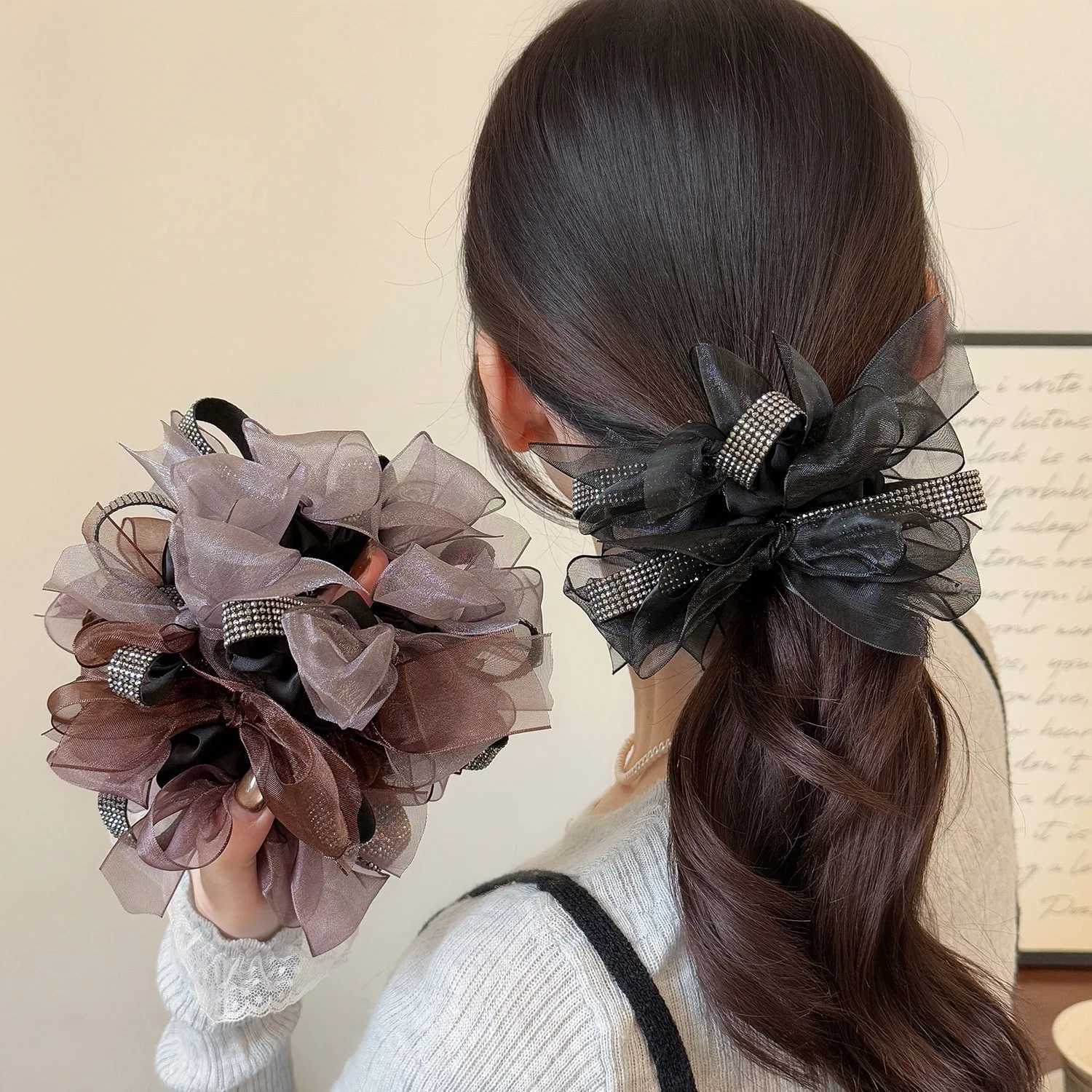 1pc Spring/Summer Style Water Diamond Mesh Bow Large Intestine Hairband Head Rope New High Elasticity Hair Accessories H260324