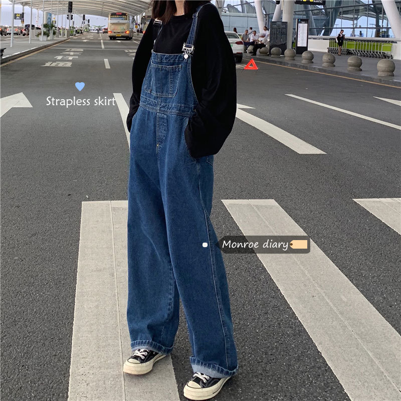 Wide-leg Denim Overalls For Women Korean Style Loose Fit Vintage Age-reducing Designer Pants Cute Japanese Style Petite One-piece Pants