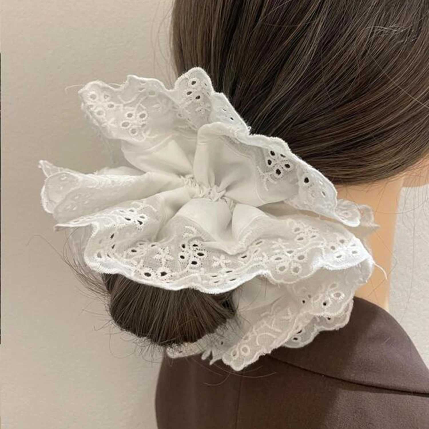 A pure cotton lace hair band a cute white hair tie and a French hollow double-layer large intestine band for women H260324