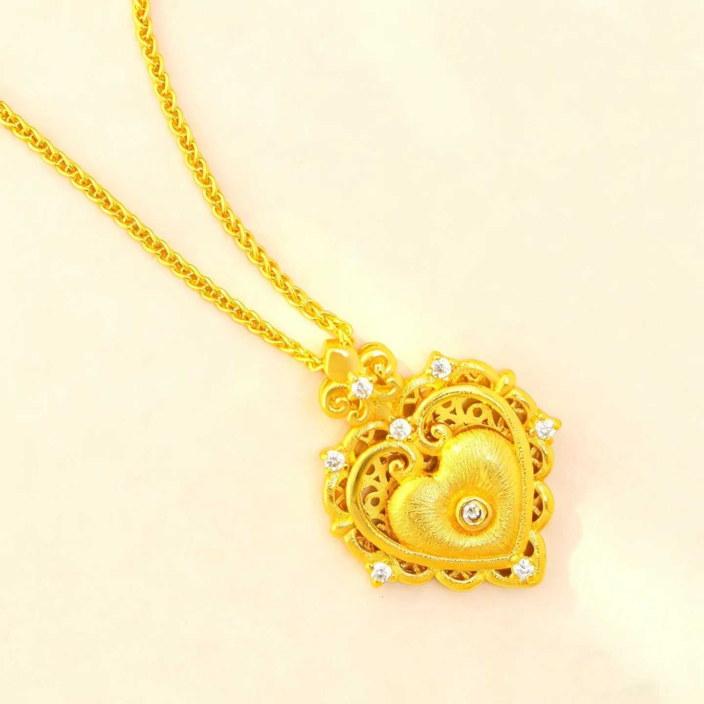 Luxury 24K 9999 Pure Gold real gold Womens wiredrawing drill heart-shaped pendant versatile hollow clavicle chain H260324 - view 7