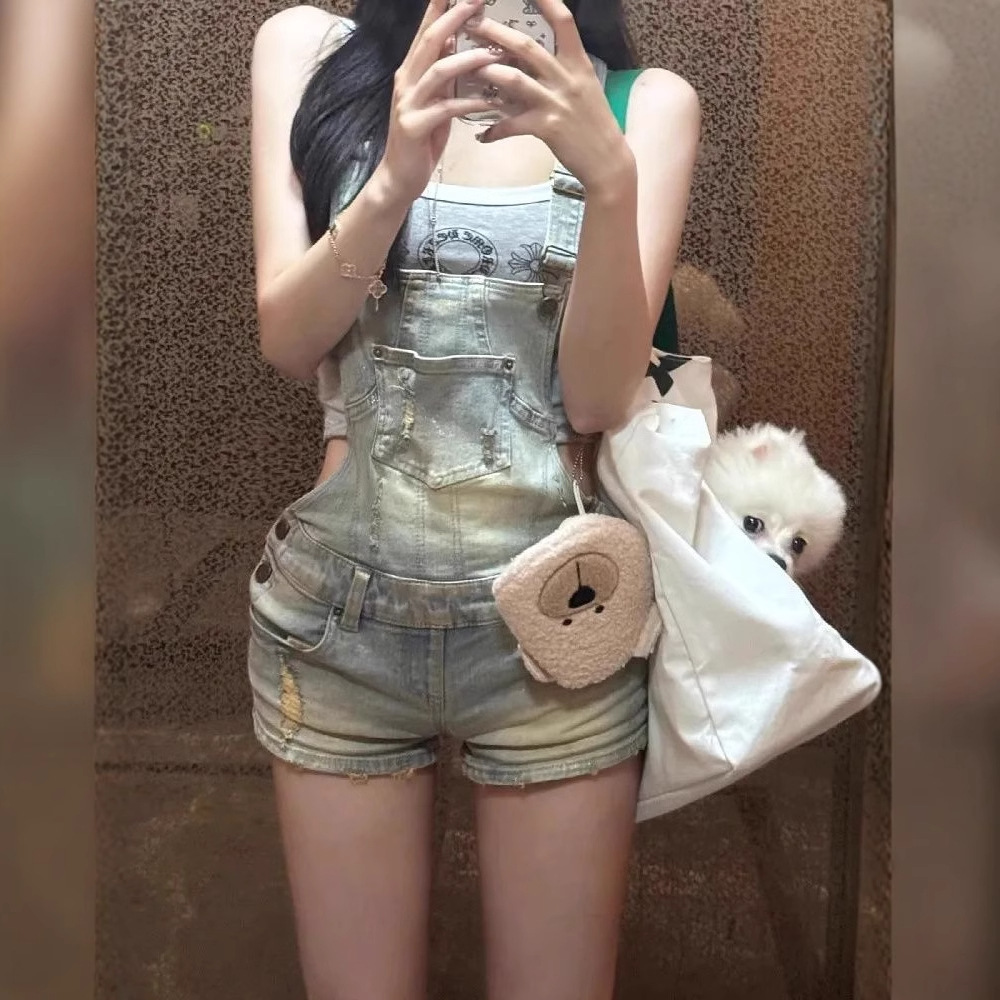 American Retro Distressed Washed Denim Overalls Shorts For Women Summer Hot Designer Pants Girl Design Hip-hugging Tight Shorts