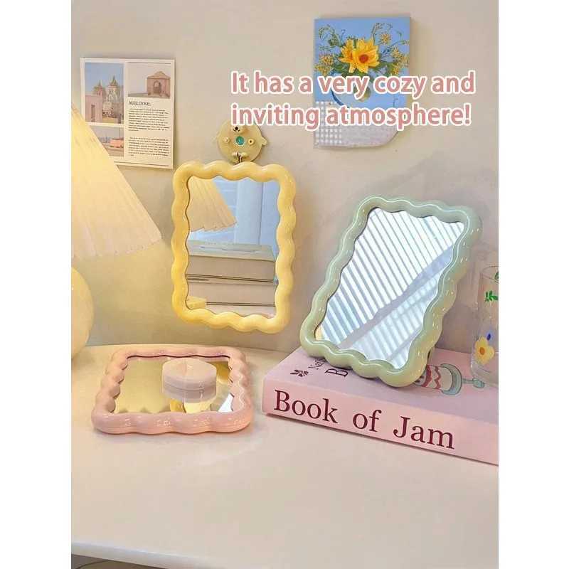 INS Style Cute Wavy Makeup Mirror Desktop Standable Wall Mounted Portable Carry on For Student Dorm Office Small Vanity H260324
