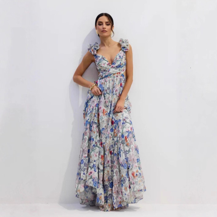 Printed Designer Dress Off-shoulder Women's One-shoulder Strap Ruffle Waist Slimming Slit Layered Dress