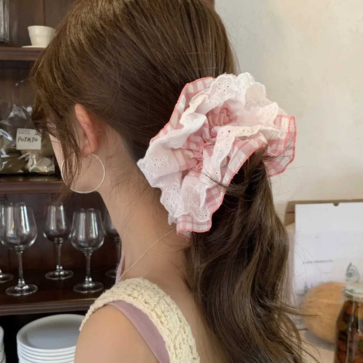 Cute Scrunchies Sweet Style Checkered Lace Four Layer Large Intestine Hair Band Hair Tie Bun Hairstyle Hair Band Hair Accessory H260324