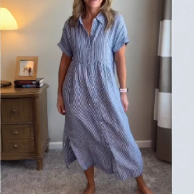 Designer Dress European And American Loose Plus Size Striped Short Sleeve Shirt Dress For Women Summer New Casual Cotton Linen Mid-length Dress