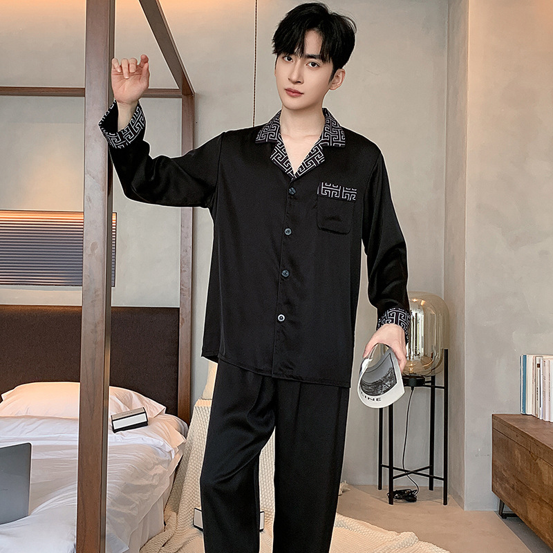 Home Wear High End Ice Silk For Men Spring Autumn Long Sleeve Thin Elegant Faux Silk Premium Cardigan Set