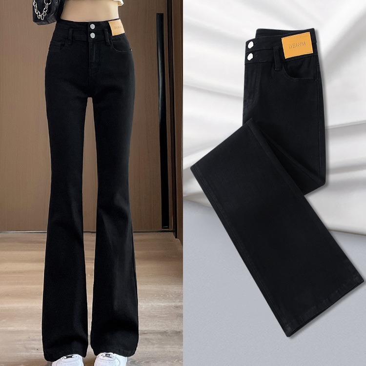 Black Double-button Micro-flare Jeans For Women 2026 New Popular High-waisted Slim-fit Spring And Autumn Designer Pants Petite Floor-length Pants
