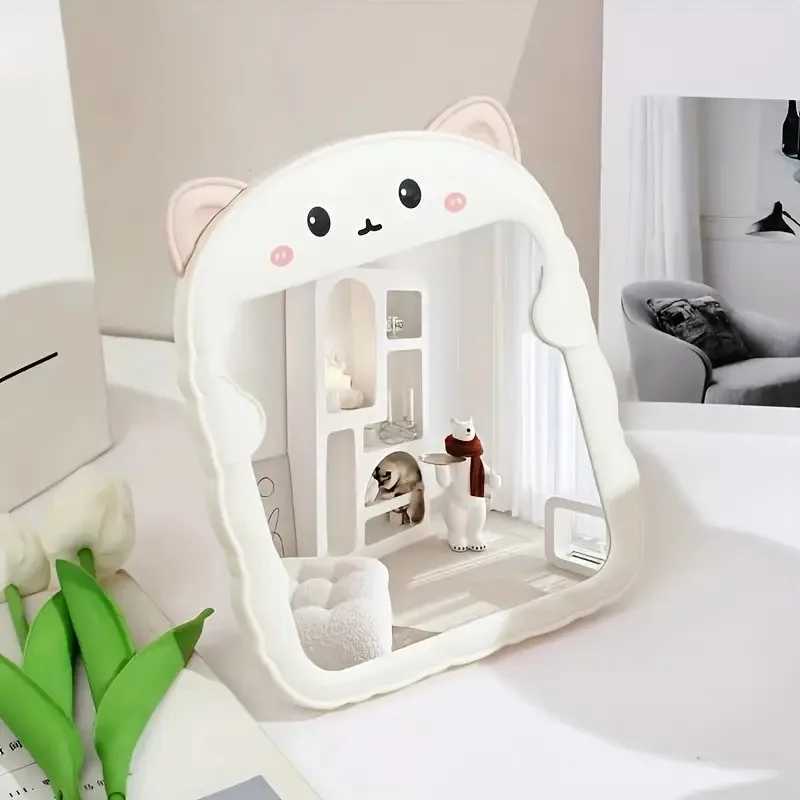 Foldable Cat-Ear Desktop Makeup Mirror Polished Plastic Frame with Cute Animal Design Multi-Color Options No Power Needed H260324