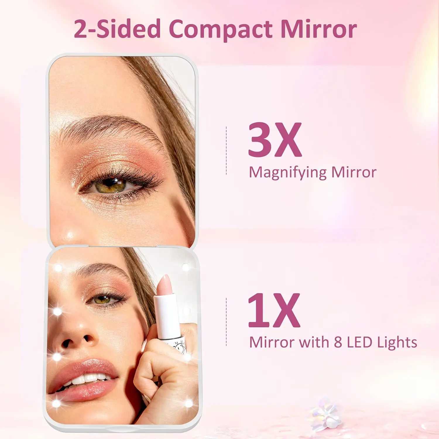 Mini Handheld Makeup Mirror 1X/3X Magnifiying Compact Folding Travel Portable With Light Makeup Pocket Mirror 8 Leds for Gifts H260324
