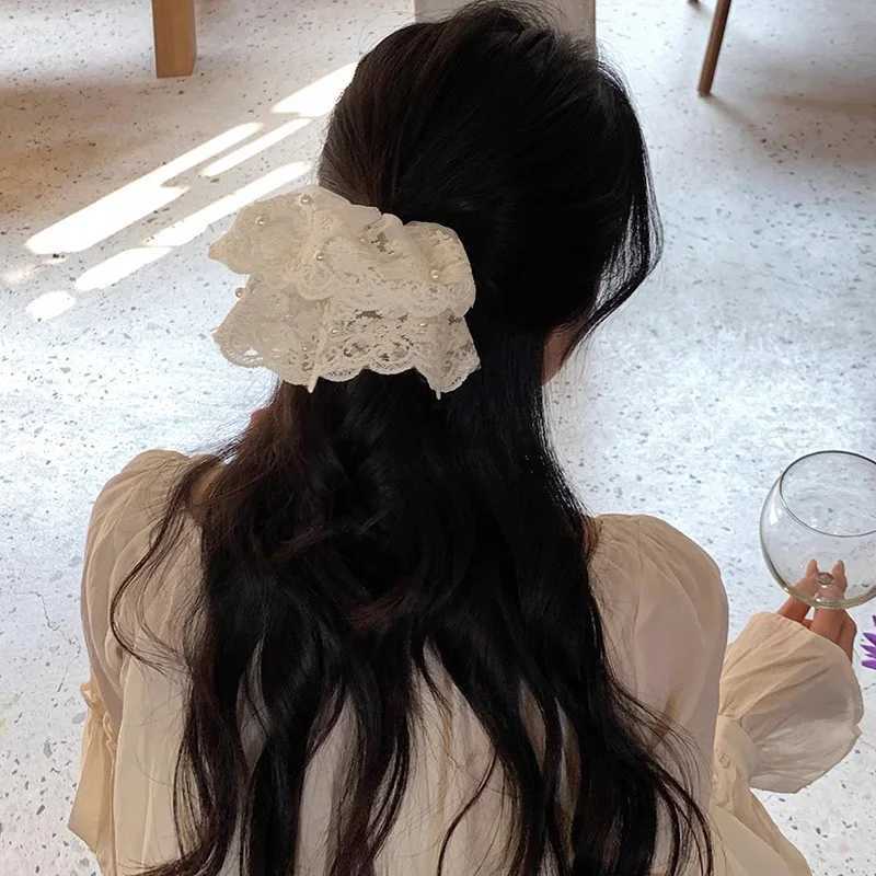 Sweet Solid Lace Pearl large Intestine Scrunchie For Women Girls Elegant Hair Tie Elastic Hair Band Rubber Band Hair Accessories H260324