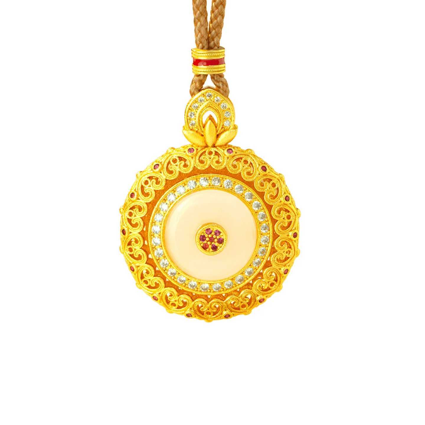 Gold store 9999 24K real gold inlaid white jade disc pendant female palace style fashionable hollow rotatable necklace H260324 - view 7