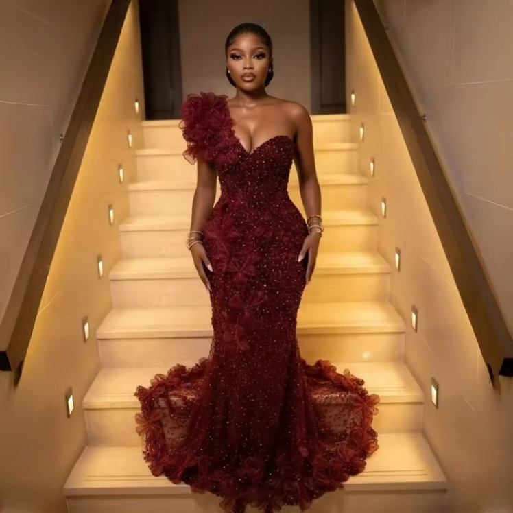 Elegant Burgundy Prom Dresses For Black Girls 2026 Luxury One Shoulder Mermaid Sequins Beads Formal Evening Gala Dress Customized 0204
