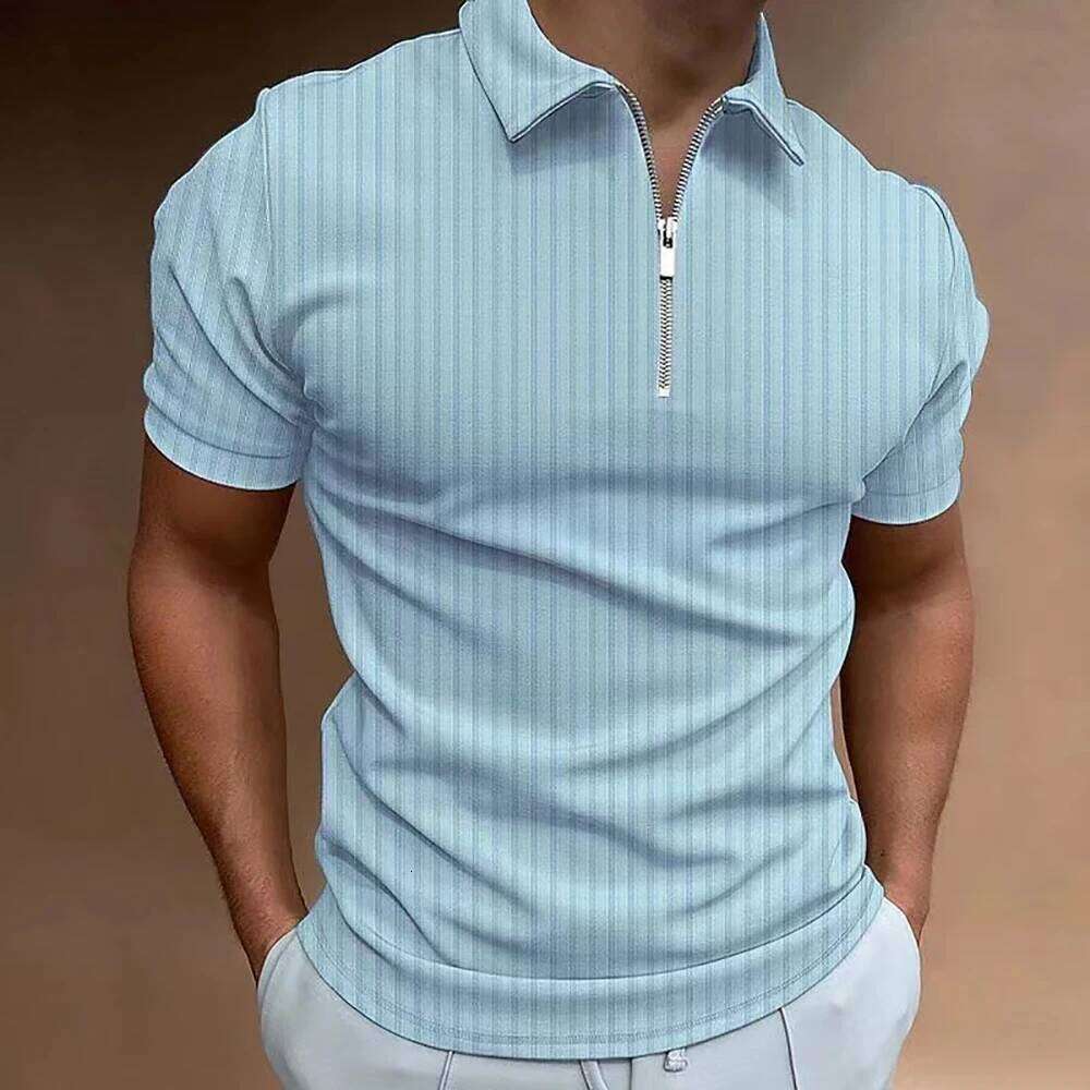 Men Striped Golf With Quarter Zipper Lapel Casual Holiday Short Sleeved T-Shirt Fashionable Basic Style Regular Fit Shirt