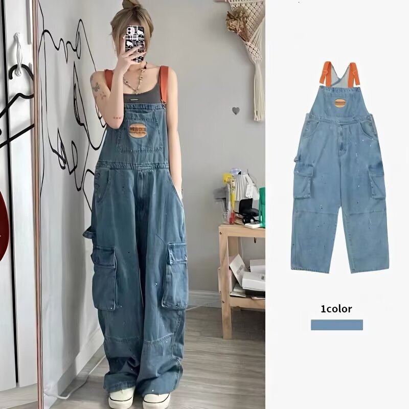 American Retro Denim Overalls For Women In Summer Slimming Fresh And Sweet Designer Pants Summer Workwear Loose Wide-leg Floor-length Pants