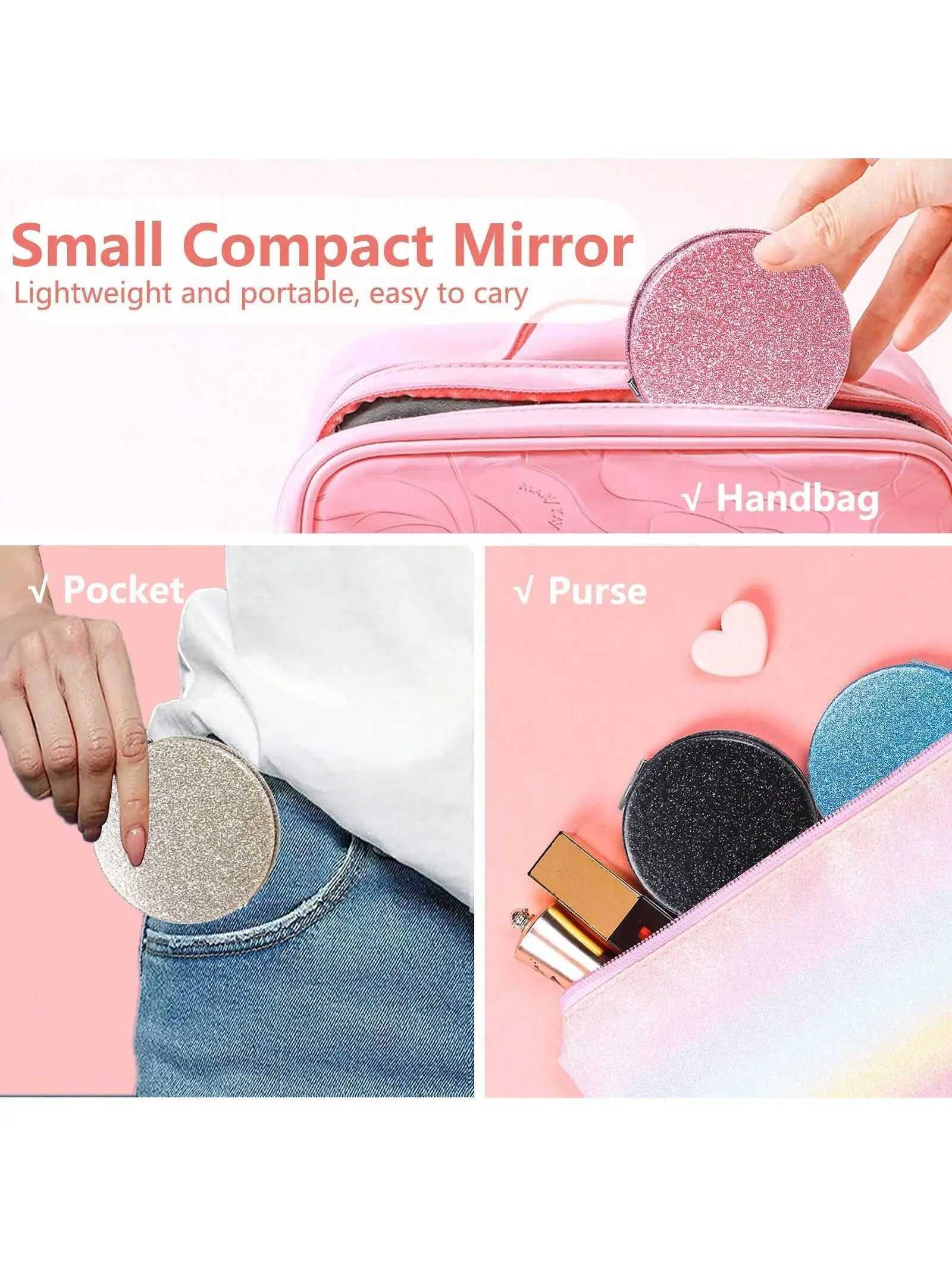 Large Round 72mm Pink Glitter PU Leather Makeup Mirror Folding Pocket Mirror Portable DIY Creative Metal Mini Hand Mirror for Wo H260324