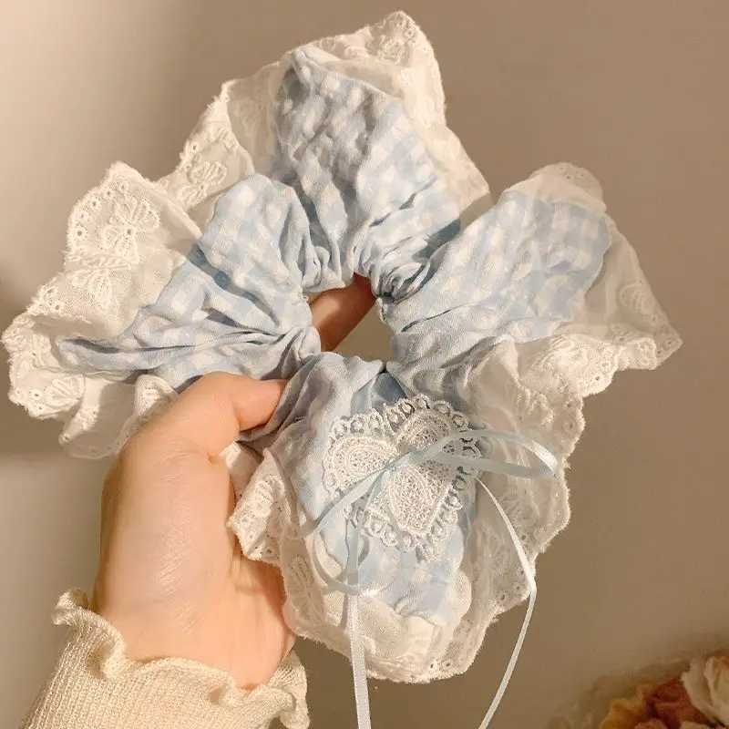 Ladies Hair Tie Blue Plaid Bow Lace Square Scarf Headband Korean Womens Oversized Hair Accessories Sweet Style Cute Scrunchies H260324