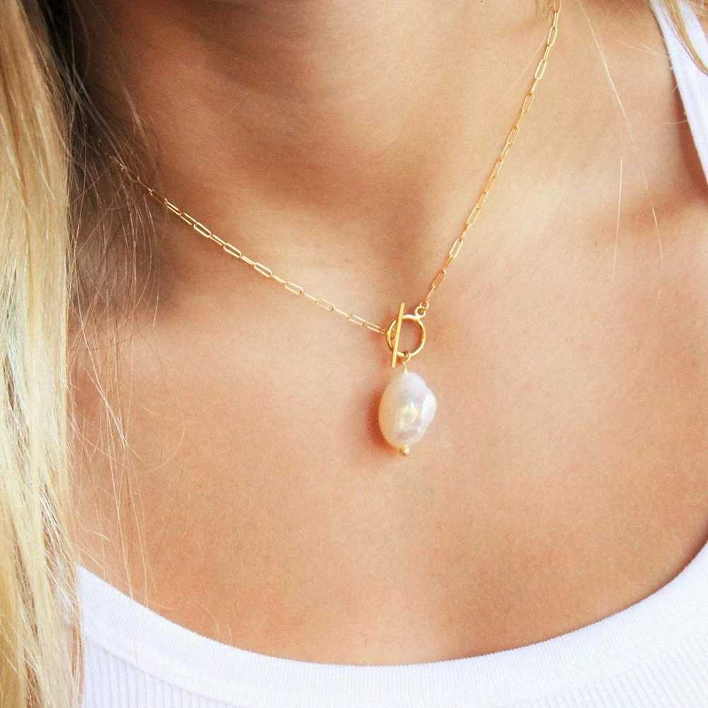 eManco Freshwater Pearl Toggle Necklace For Women Paperclip Chain Necklace Stainless Steel Long Box Square Chain Long Choker H260324 - view 4