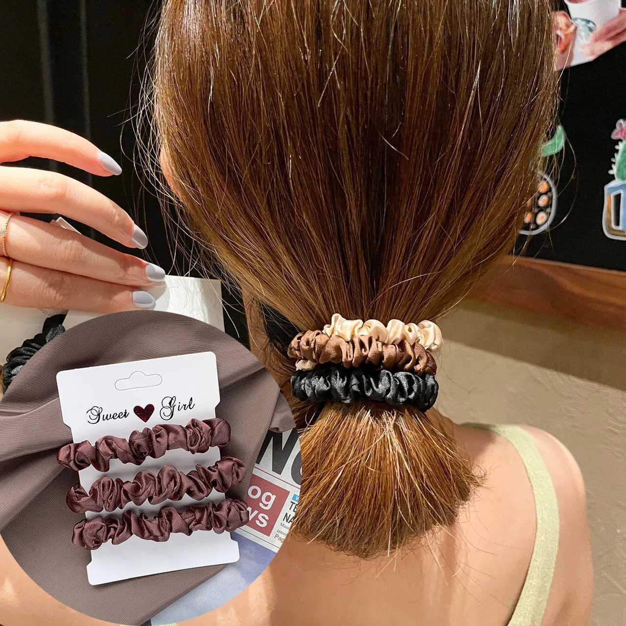 3PCS/Lot Luxury Brand Solid Color Satin Silk Hair Scrunchies For Women Simple Female Elastic Hair Bands Rubber Band Accessories H260324