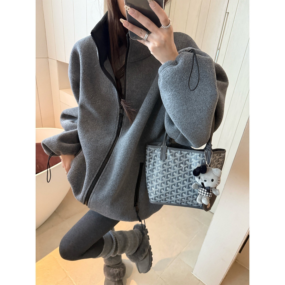 Autumn/Winter Fashionable Simple Letter Embroidery Badge Grey Tweed Loose-Fit Jacket Couple Jacket Trendy 251129