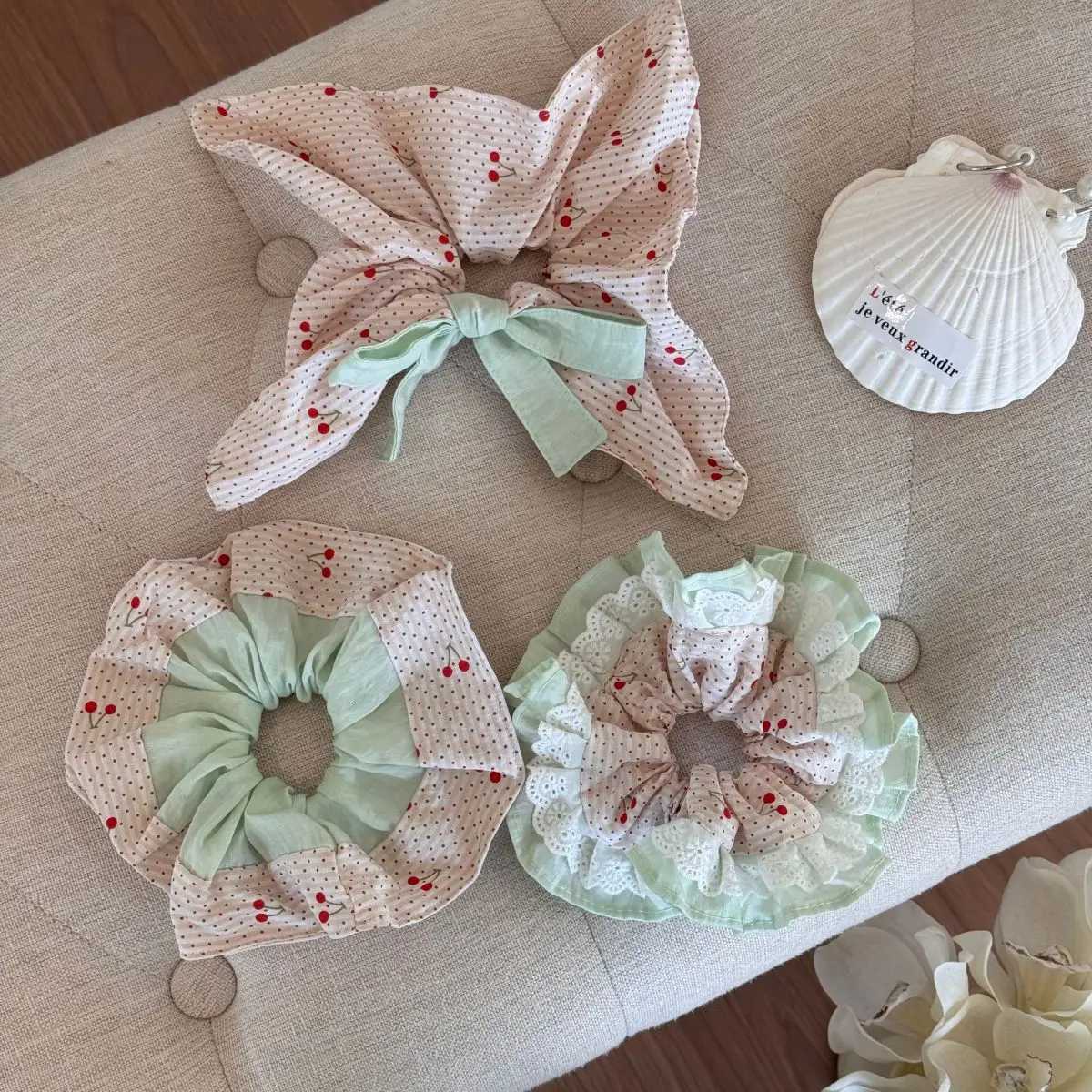 Spring Lace Hair Scrunchies Sweet Cherry Print Hair Ties For Women Forest Style Polka Dot Cotton Head Bands Ponytail Accessories H260324