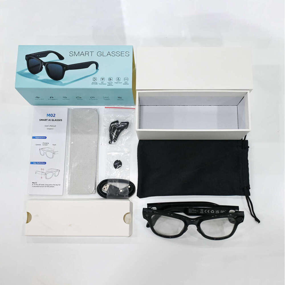 Brand M02 Smart AI Glasses 8MP HD Camera, Reverse Charging Case, WiFi Transfer, Object Recognition & Real-Time AI Translation CKS