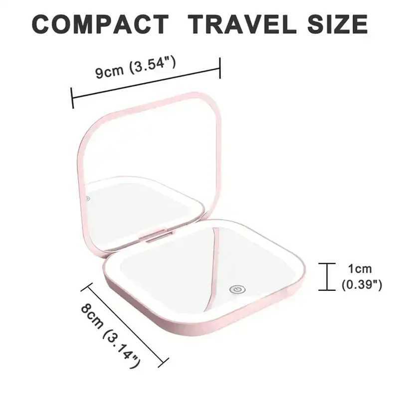 Compact Small Mini Travel Folding Vanity Cosmetic Mirror with Lights Portable HandHeld Pocket LED Makeup Mirror 2X magnifying H260324