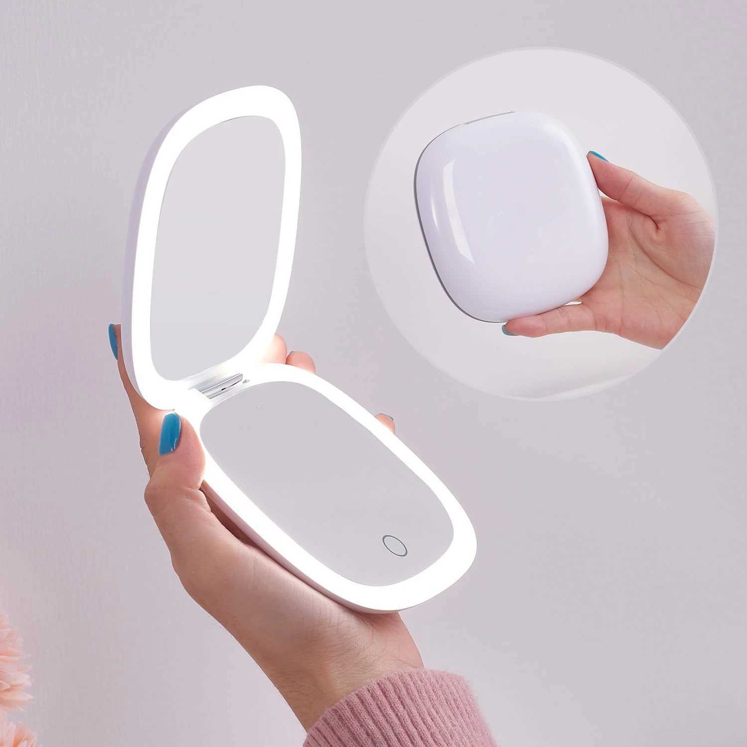 Compact LED Magnifying Travel Makeup Mirror 1X/10X Small Hand Pocket Dimmable 2-Sided USB Rechargeable Touch Screen Portable H260324