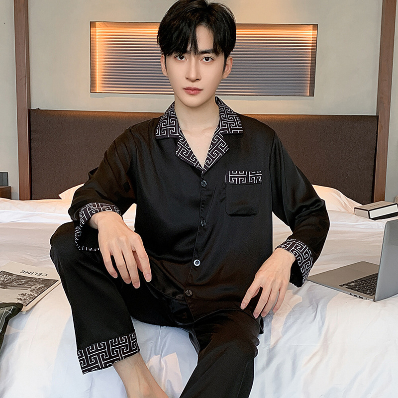 Home Wear High End Ice Silk For Men Spring Autumn Long Sleeve Thin Elegant Faux Silk Premium Cardigan Set