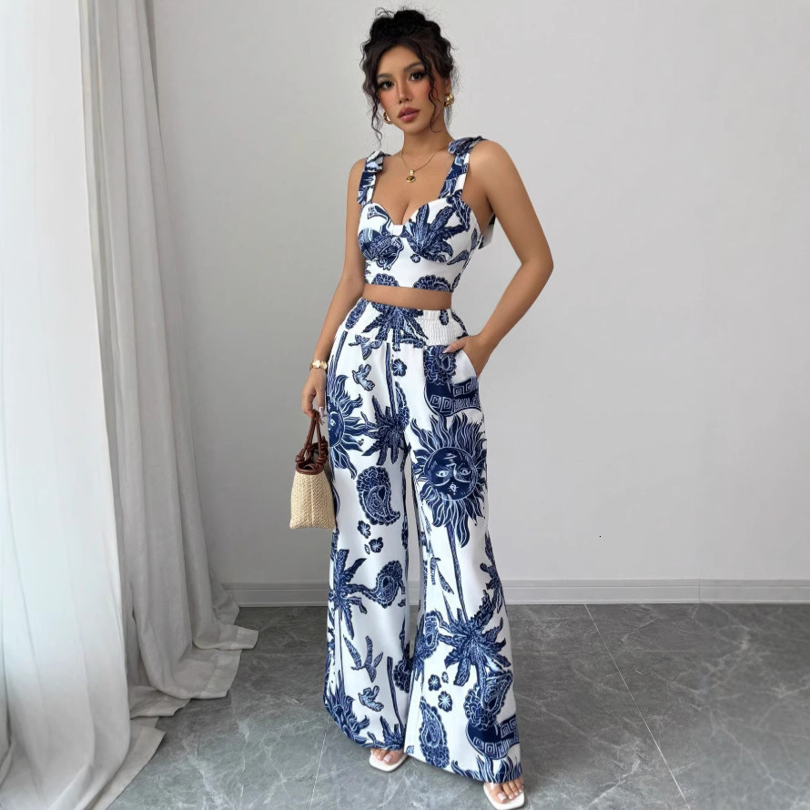 Luxury Brand Designer Clothes 2025 European And American Women's Summer New Sexy V-Neck Camisole Top + Loose Waistband Wide-Leg Pants