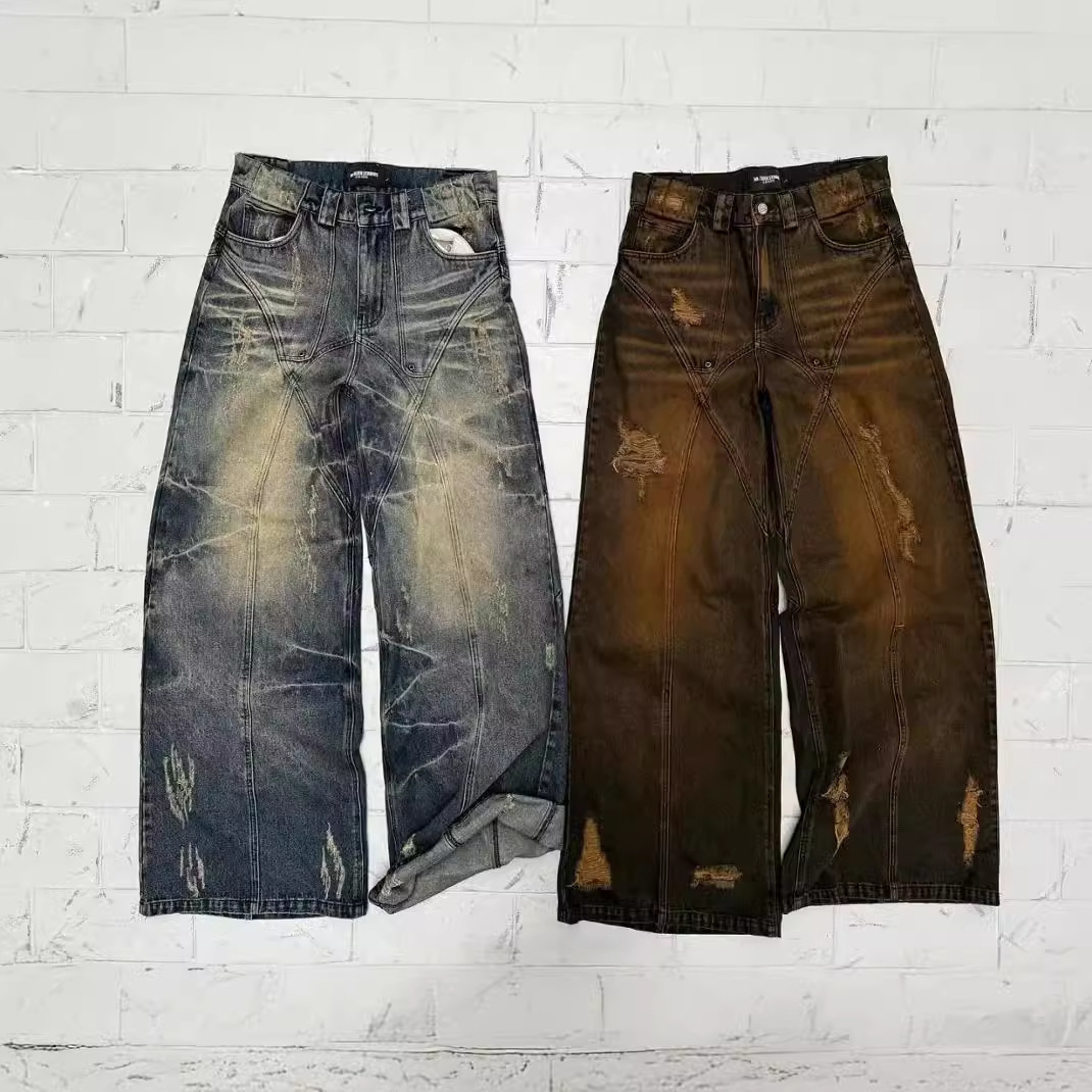 American high street straight tube yellow mud dyed jeans loose mens and womens long pants trendy mens mud color 2024 new item 241126