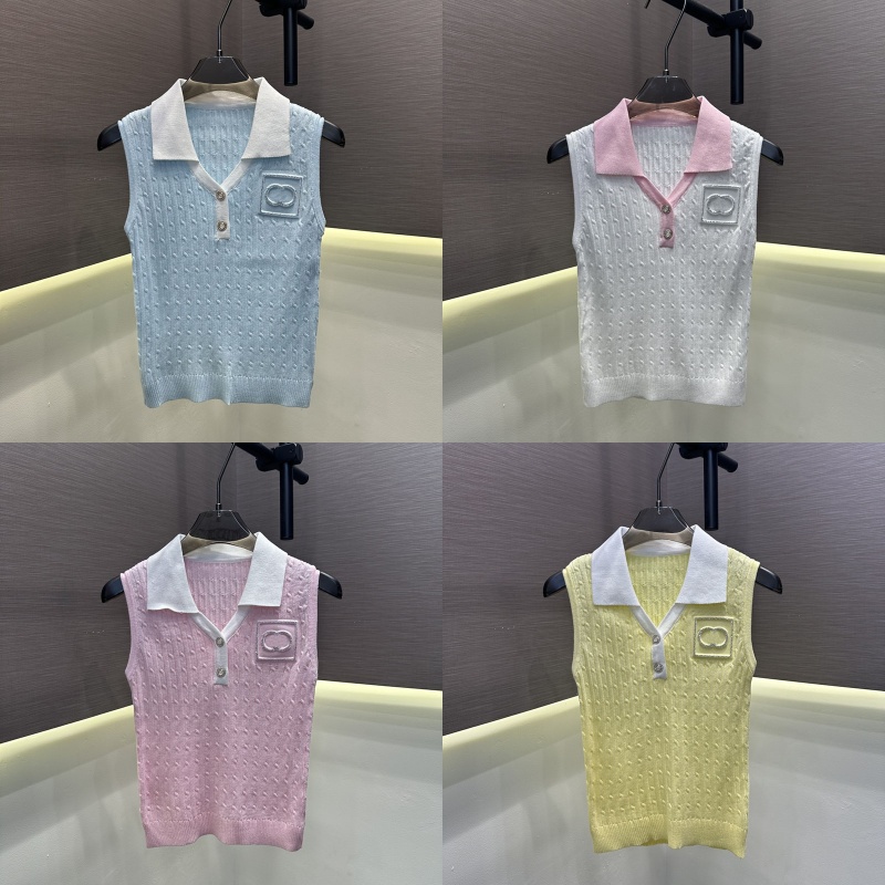 Chic Women Ribbed Knitted Tank Top Designer Y2K Polo Collar Vest Preppy Style Sleeveless Cropped Sweater
