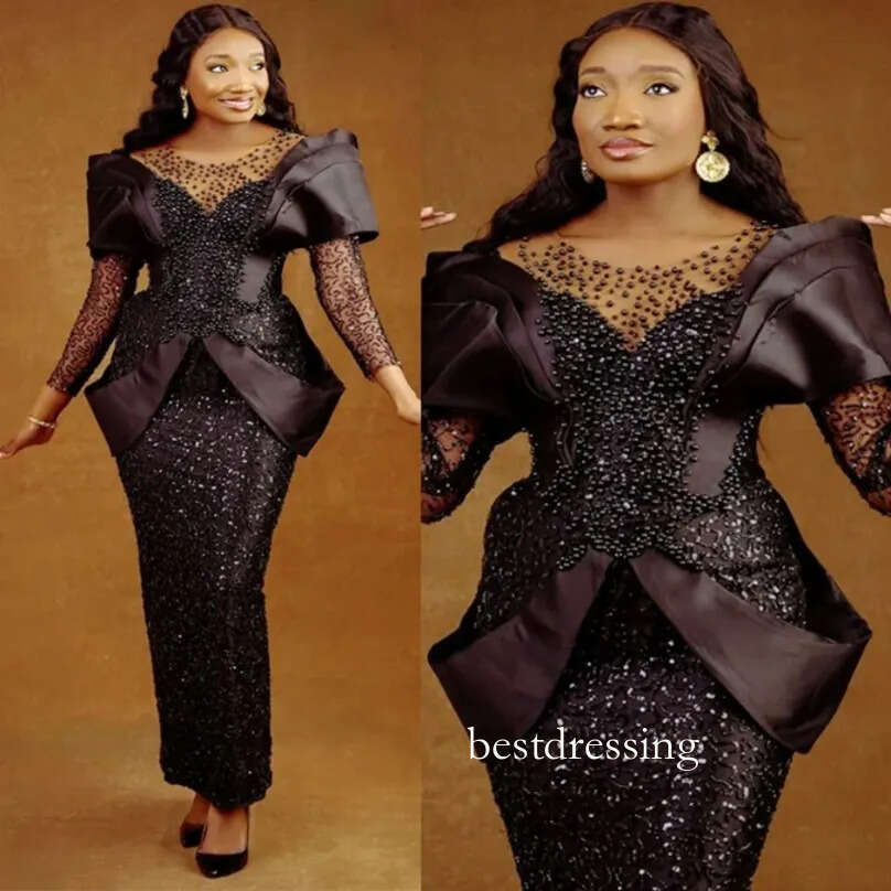 Plus Size Black Prom For Special Occasions Evening Dresses Elegant Mermaid Promdress Sheer Neck Long Sleeves Beaded Lace Birthday Dress Gowns N26 B032