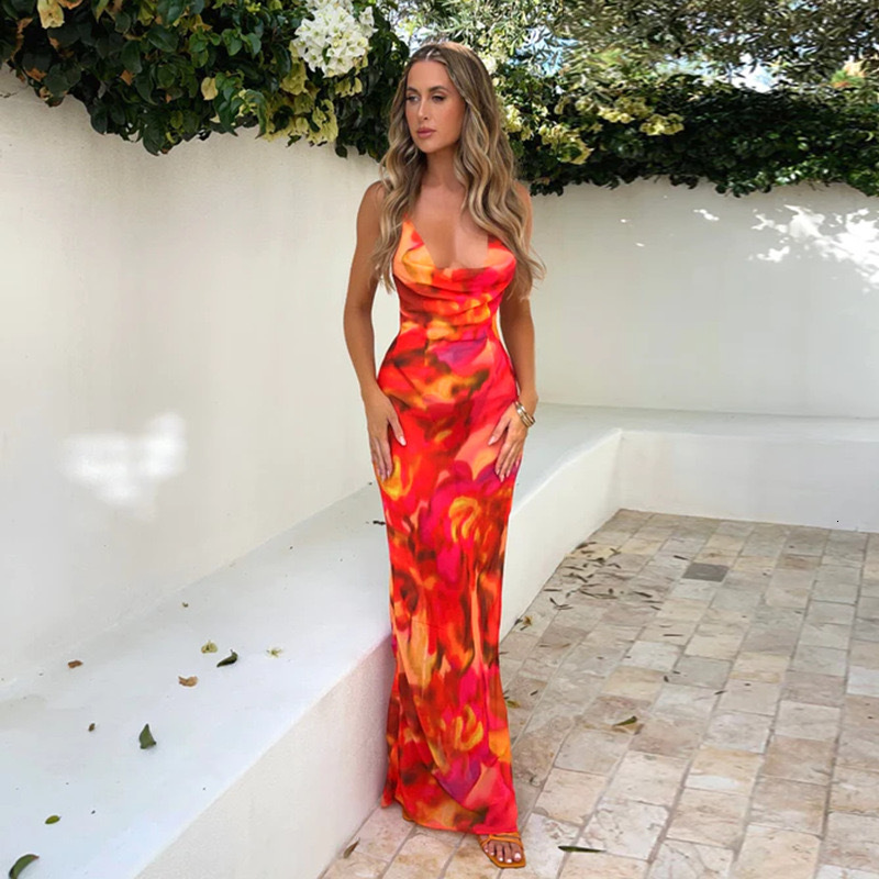Foreign Trade European And American New Designer Dress Style Printed Halter Neck Strap Low-cut Sexy Backless Bodycon Dress For Women