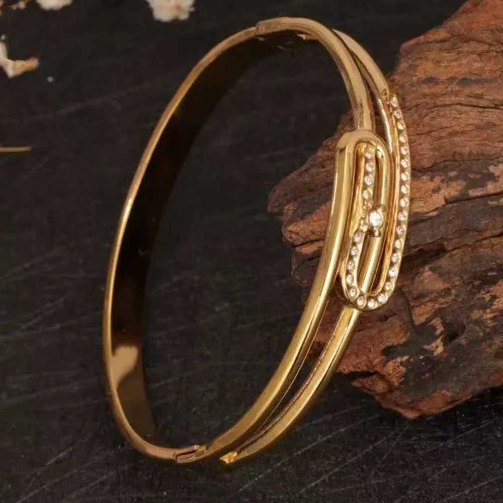 StainlESS Steel SnAP-on Bangles Women Gold Color Openwork Zircon Bangle Fashion AccESSories Gift 60mm Button H260323 - view 6