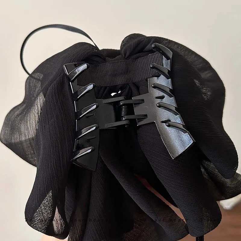 2025 New Fashion White Black Mesh Bowknot Ribbon Hair Claw For Women Elegant Solid Color Ponytail Clip Headwear Hair Accessories H260324