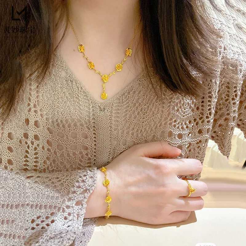 Luxury 24K 9999 Pure Gold real gold Womens Rose Necklace Womens Flower Pendant Set Chain H260324 - view 4