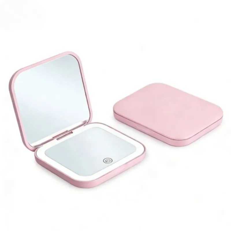 Compact Mini Vanity Folding Cosmetic Mirror with Lights Portable Handheld Travel Makeup Mirror 2X Magnifying Small Pocket Size H260324