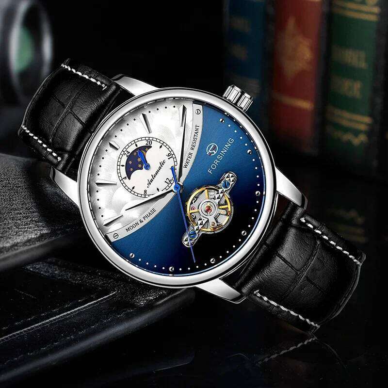 Forsining Luxury Brand Mechanical Classic Blue Moon Phase Fully Automatic Tourbillon Men's Black Leather Strap Watch - view 6