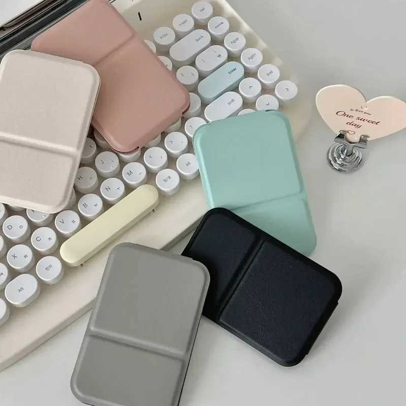 Desktop Makeup Mirror Solid Color PU Leather Simple Portable Handheld Makeup Mirror Foldable Student Compact Cute Pocket Mirror H260324