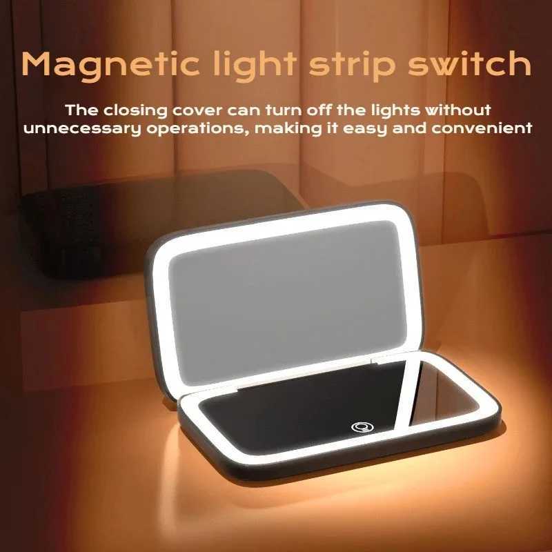 Compact Mini Vanity Folding Cosmetic Mirror with Lights Portable Handheld Travel Makeup Mirror 2X Magnifying Small Pocket Size H260324