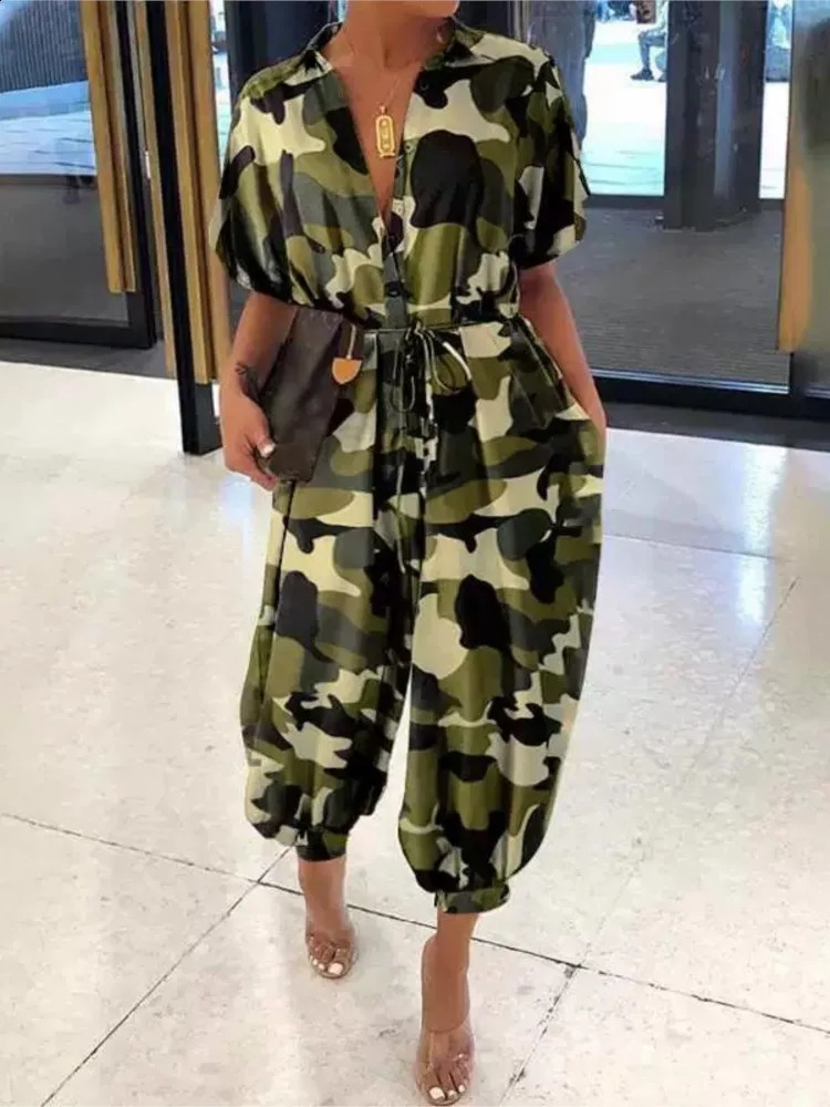 Summer Dot Leopard Print Jumpsuit Women Short Sleeve Leace-up Pocket Casual Jumpsuits Fashion Vintage Ladies Bodysuits 260321