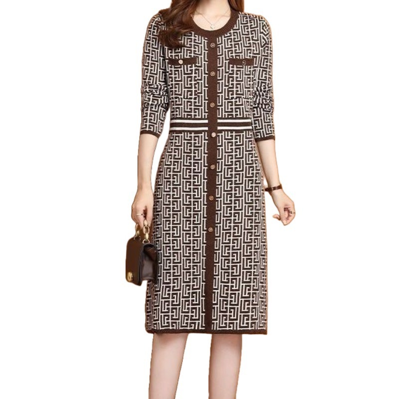 Luxury Brand Designer Clothes Dropshipping 2025 Spring New Fashion Long Sleeve Round Neck Knit Dress For Women, Elegant And Sophisticated Mid-Length D