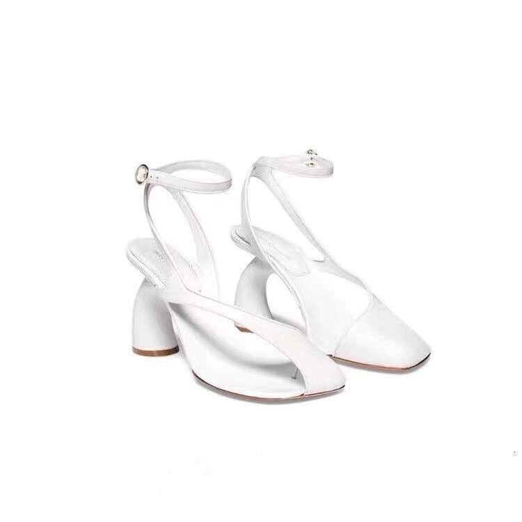 European And American New Style Irregular High Heels Asymmetric Half Covered Strap Square Toe Clip Toe Large Size Roman Sandals
